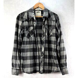 Vans Mens Shirt Gray Black Plaid Snap Front M Western Casual Long Sleeve Pockets